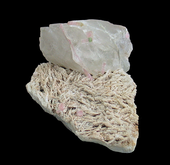 Quartz on Cleavelandite with Elbaite, Cryo-Genie Mine, Warner Springs Mining District, San Diego County, CA
